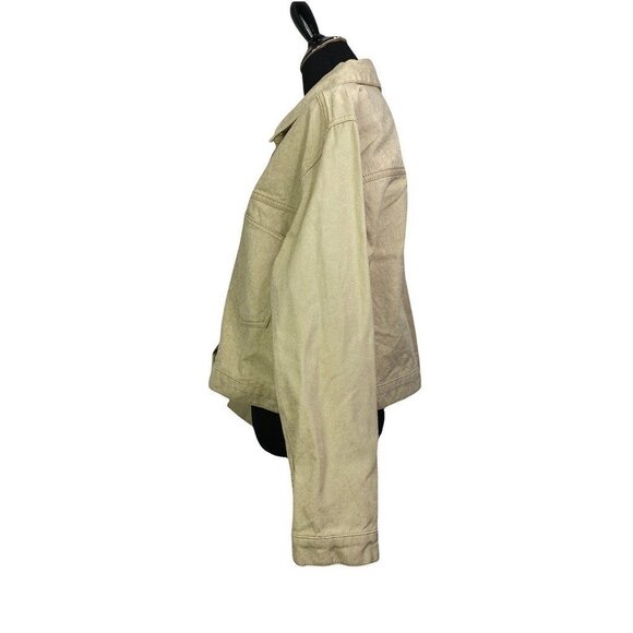 Oat New York Womens Denim Crop Backvent Jacket Khaki Buttons Pockets Collared L - Picture 4 of 9